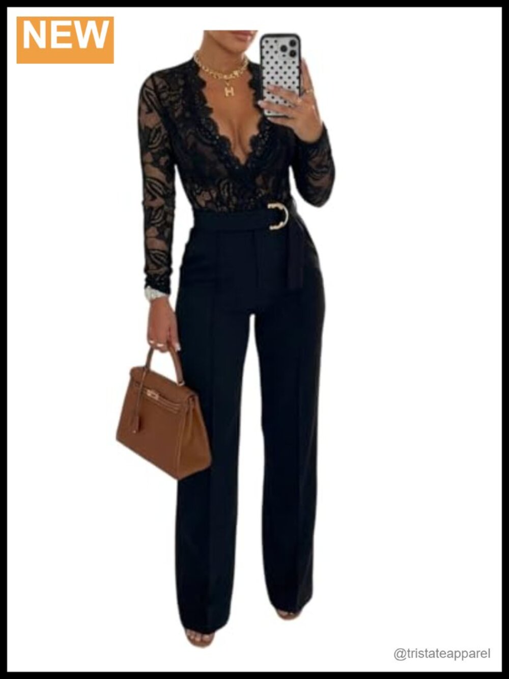 Women's Long Sleeve Floral Lace Jumpsuit Deep V Neck Belted Pants